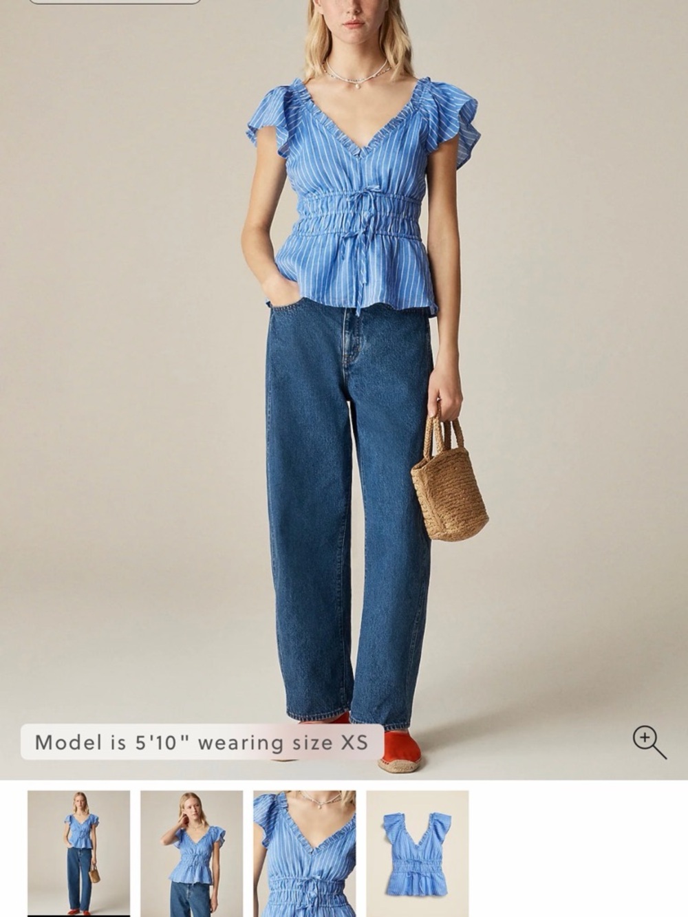 J. Crew Blue Palermo Striped V-Neck Ruffle Sleeve Blouse